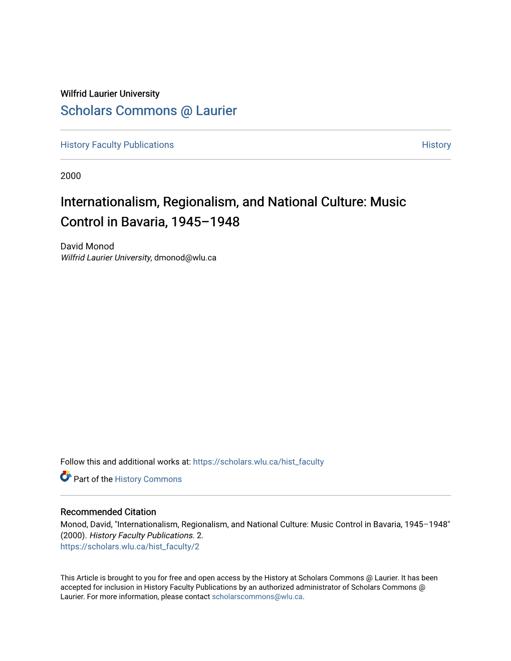 Internationalism, Regionalism, and National Culture: Music Control in Bavaria, 1945–1948