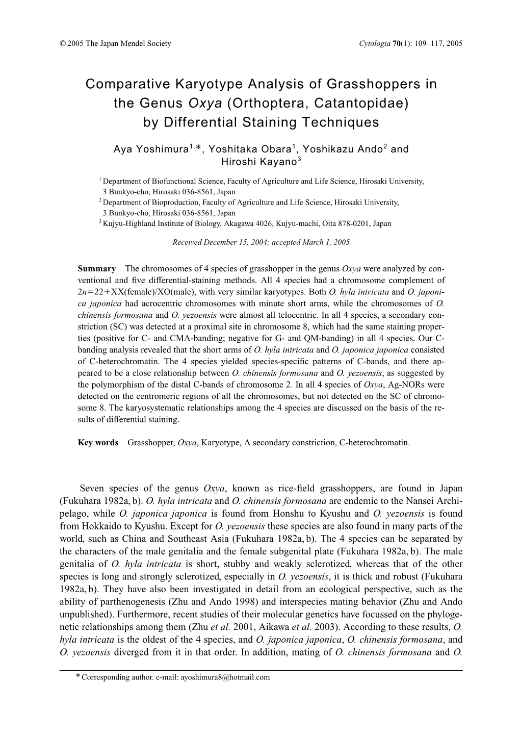 Comparative Karyotype Analysis of Grasshoppers in the Genus Oxya (Orthoptera, Catantopidae) by Differential Staining Techniques