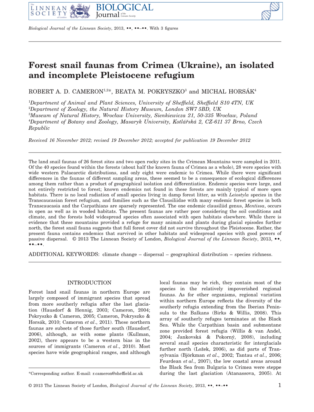 Forest Snail Faunas from Crimea (Ukraine), an Isolated and Incomplete Pleistocene Refugium