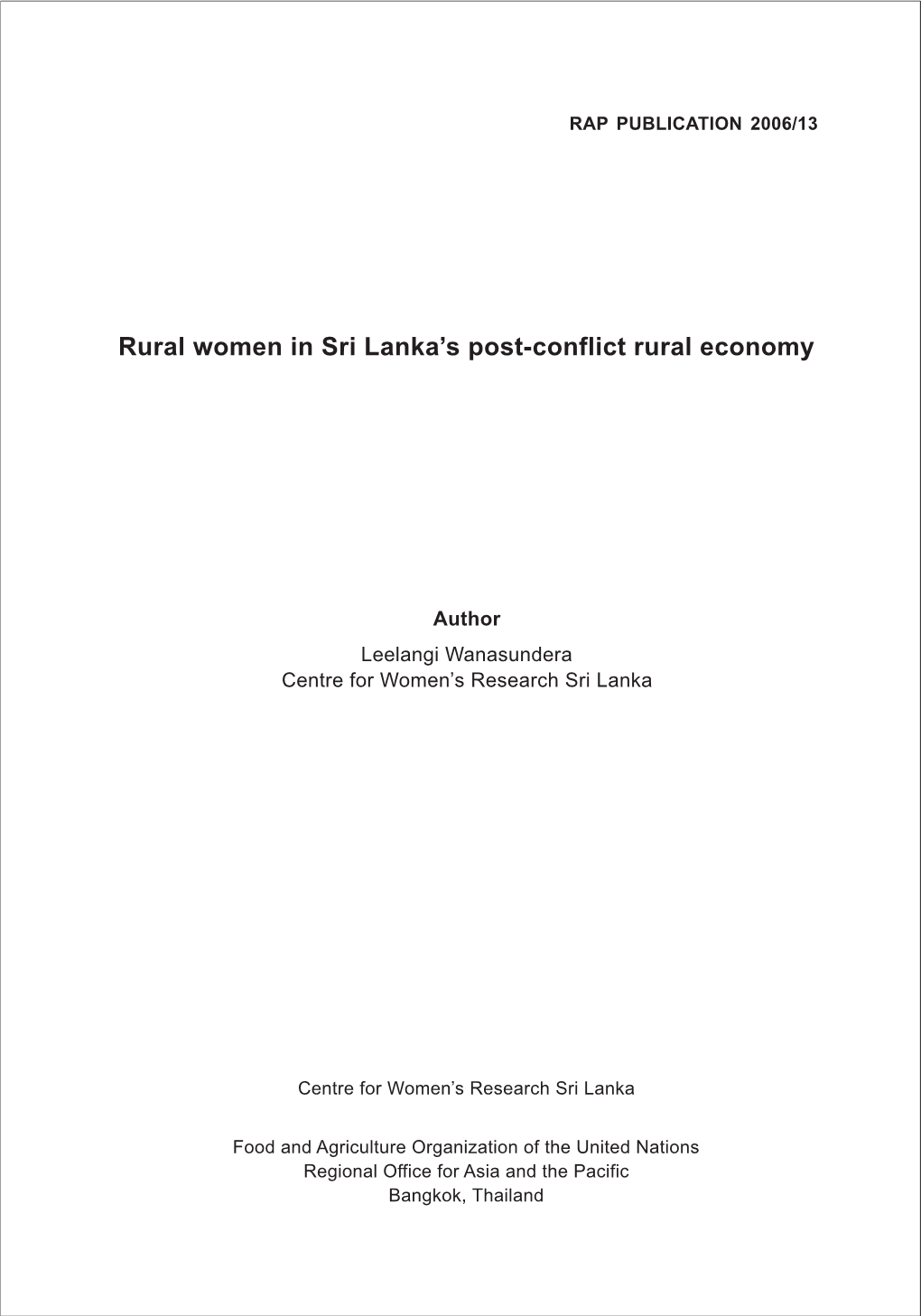 Rural Women in Sri Lanka's Post-Conflict Rural Economy