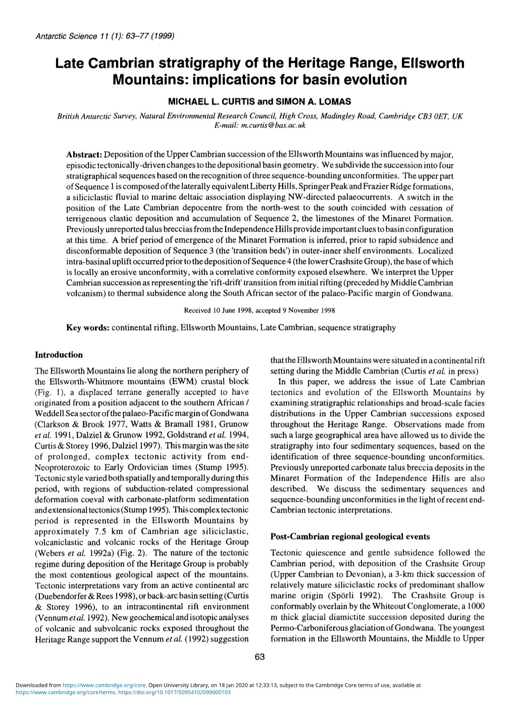 Late Cambrian Stratigraphy of the Heritage Range, Ellsworth Mountains: Implications for Basin Evolution