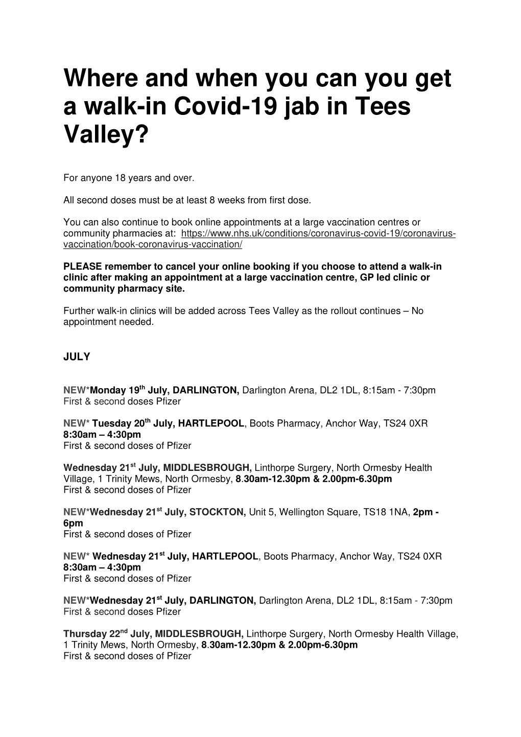 Where and When You Can You Get a Walk-In Covid-19 Jab in Tees Valley?