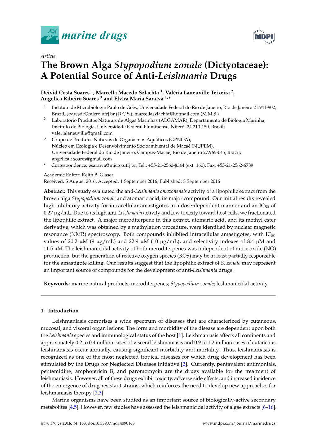 The Brown Alga Stypopodium Zonale (Dictyotaceae): a Potential Source of Anti-Leishmania Drugs