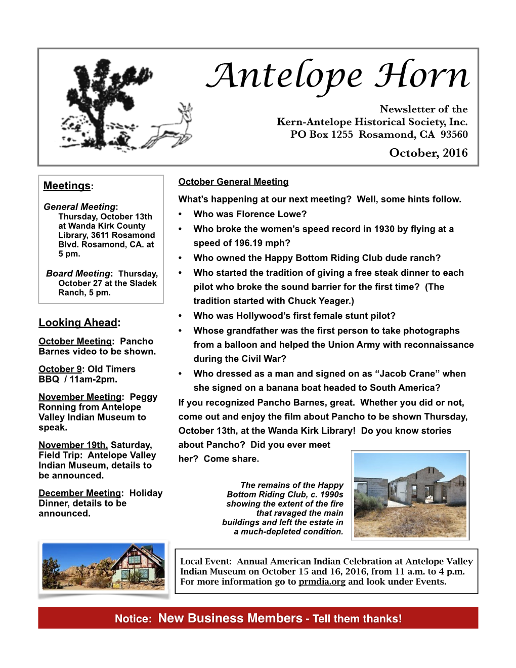 Antelope Horn ! Newsletter of the Kern-Antelope Historical Society, Inc