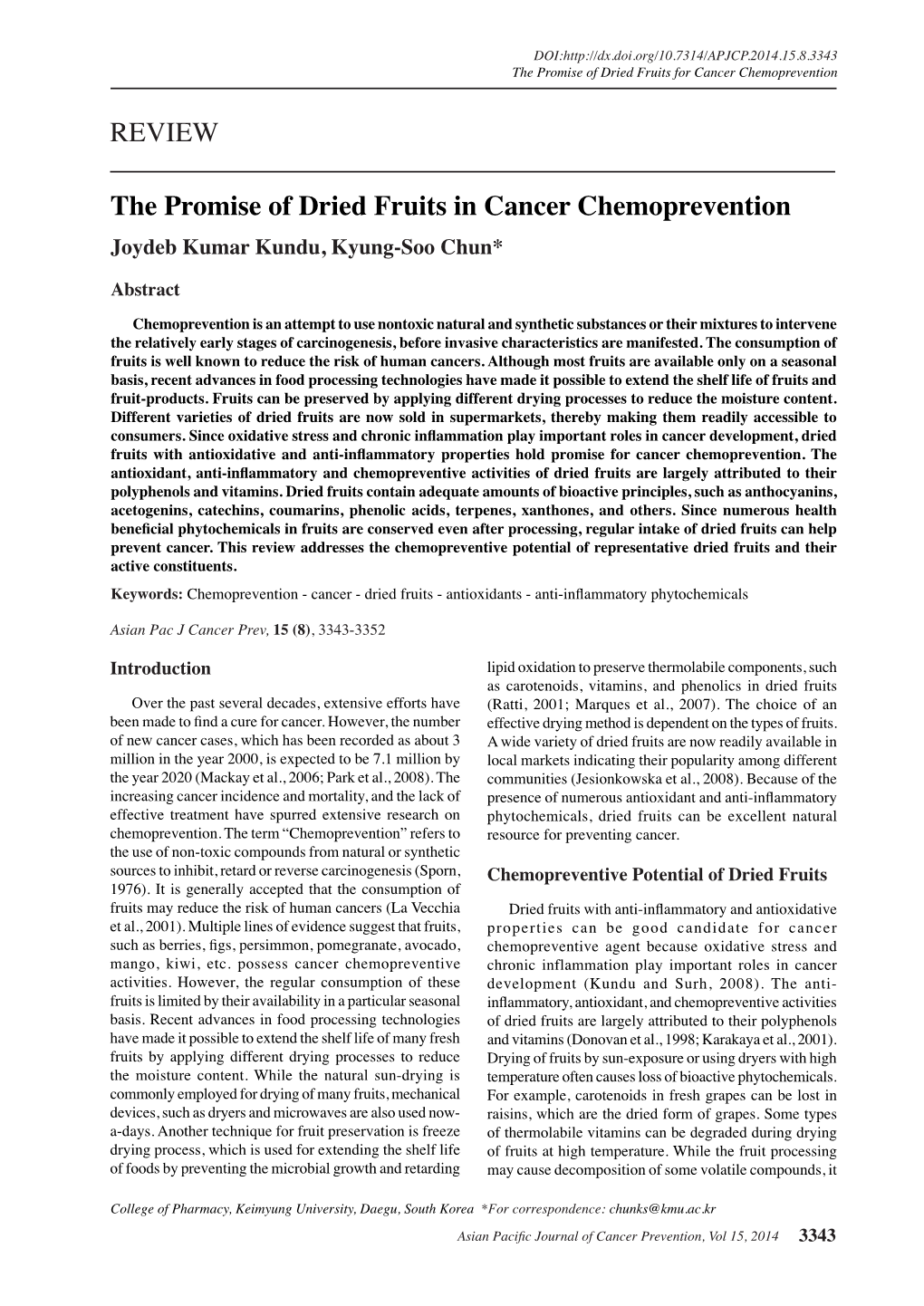 REVIEW the Promise of Dried Fruits in Cancer Chemoprevention