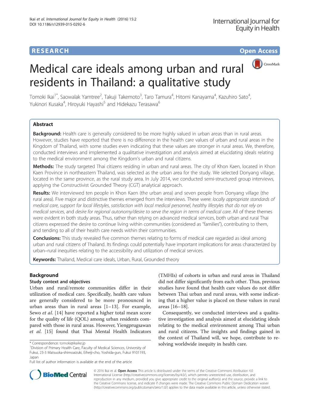 Medical Care Ideals Among Urban and Rural Residents in Thailand: A