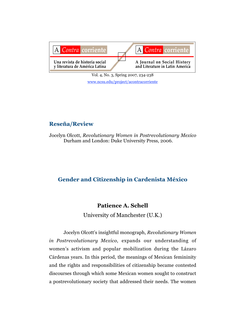 Reseña/Review Gender and Citizenship in Cardenista México Patience A. Schell University of Manchester (U.K.)