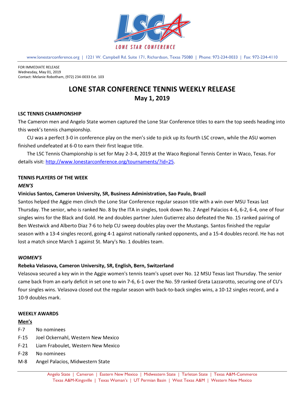 LONE STAR CONFERENCE TENNIS WEEKLY RELEASE May 1, 2019