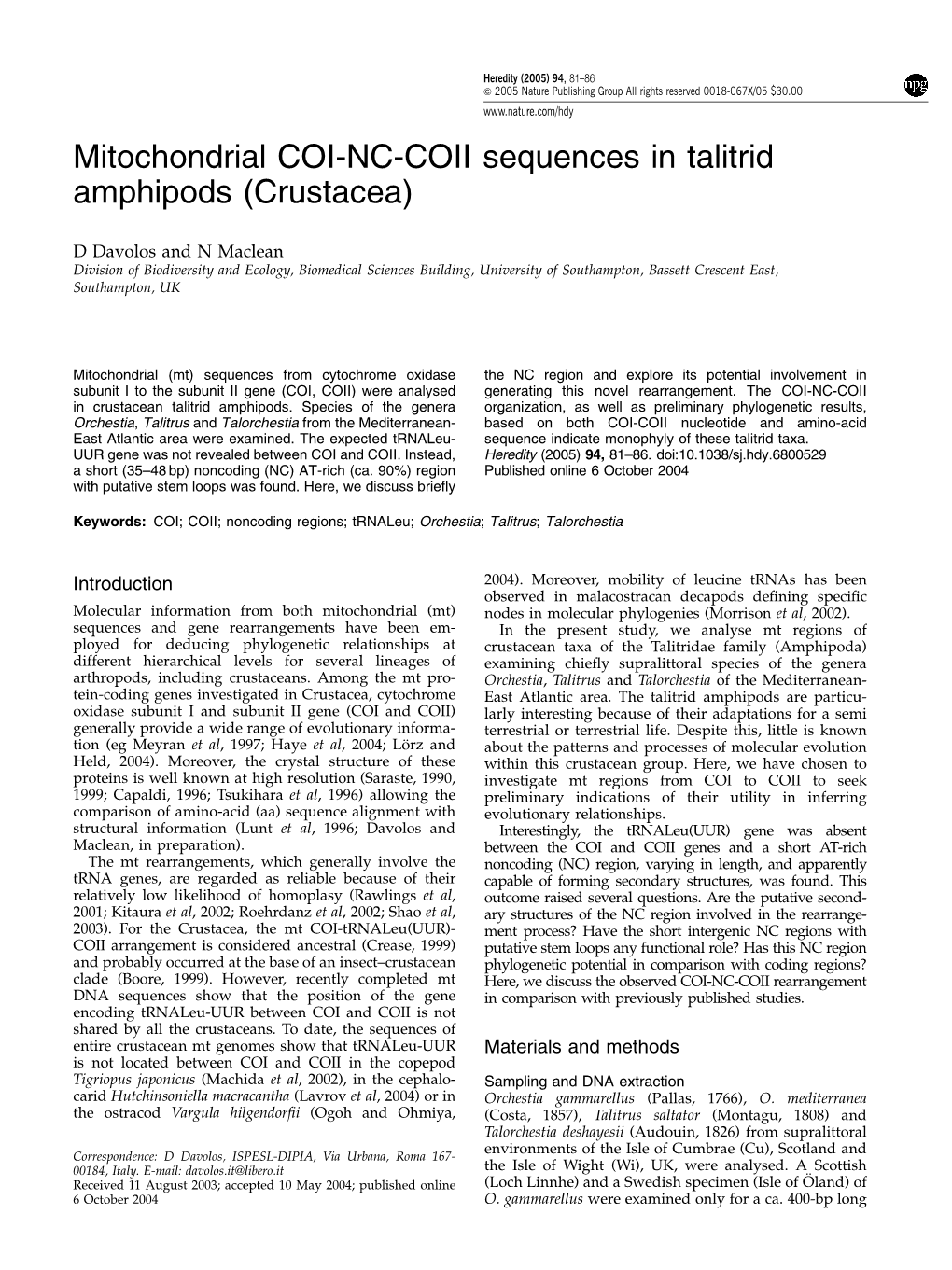 Mitochondrial COI-NC-COII Sequences in Talitrid Amphipods (Crustacea)