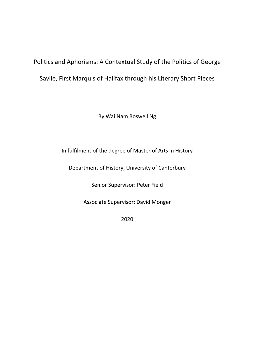 A Contextual Study of the Politics of George Savile, First Marquis Of
