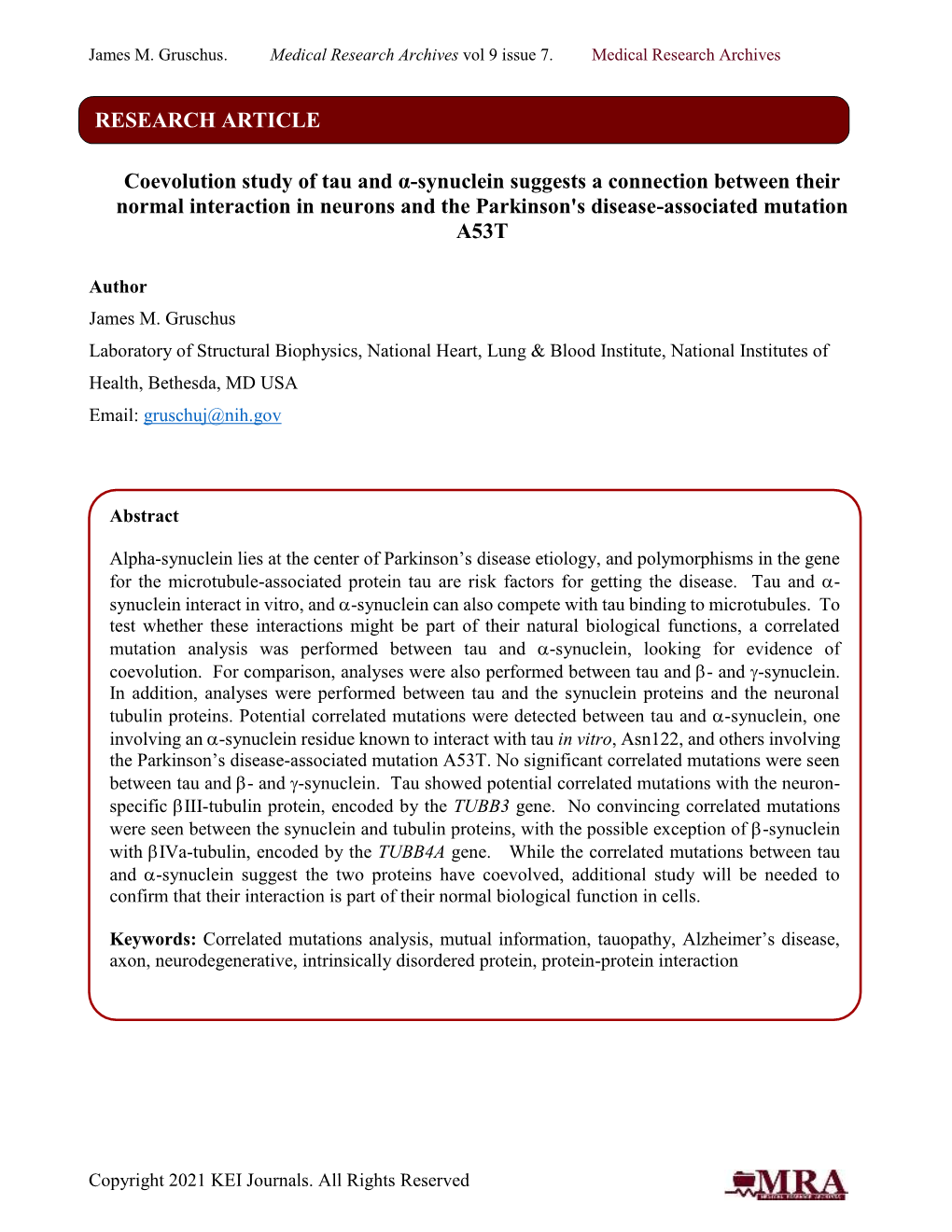 Coevolution Study of Tau and Α-Synuclein Suggests a Connection Between Their Normal Interaction in Neurons and the Parkinson's Disease-Associated Mutation A53T