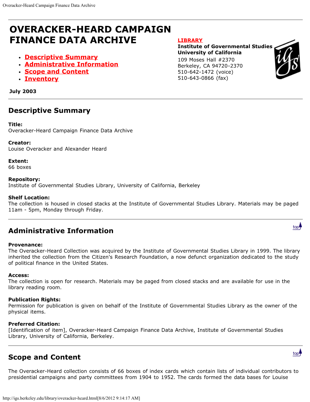 Overacker-Heard Campaign Finance Data Archive