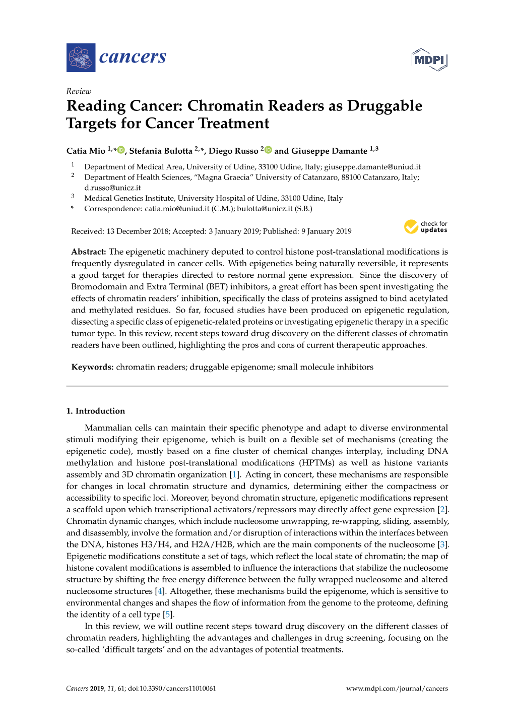 Chromatin Readers As Druggable Targets for Cancer Treatment