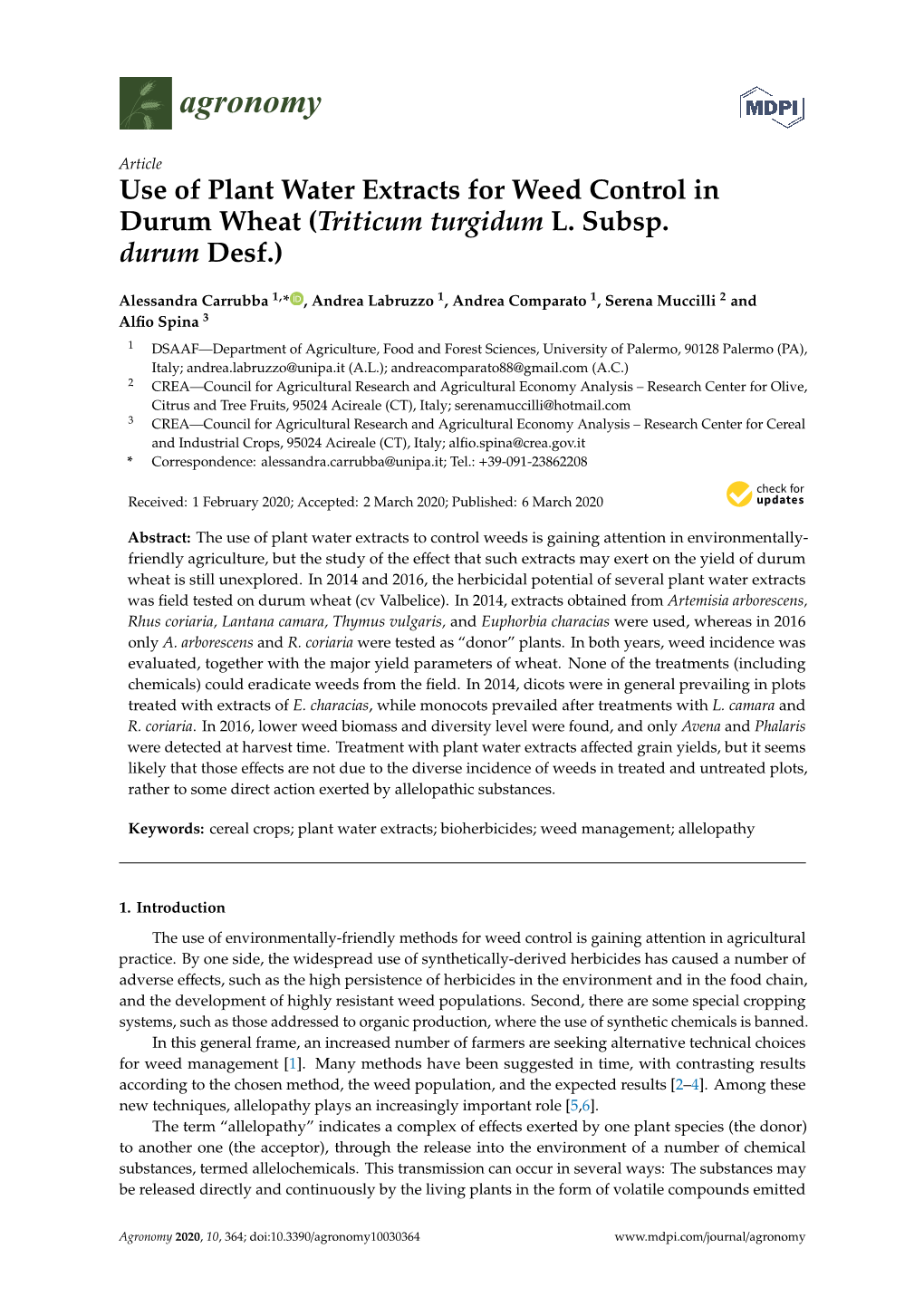 Use of Plant Water Extracts for Weed Control in Durum Wheat (Triticum Turgidum L