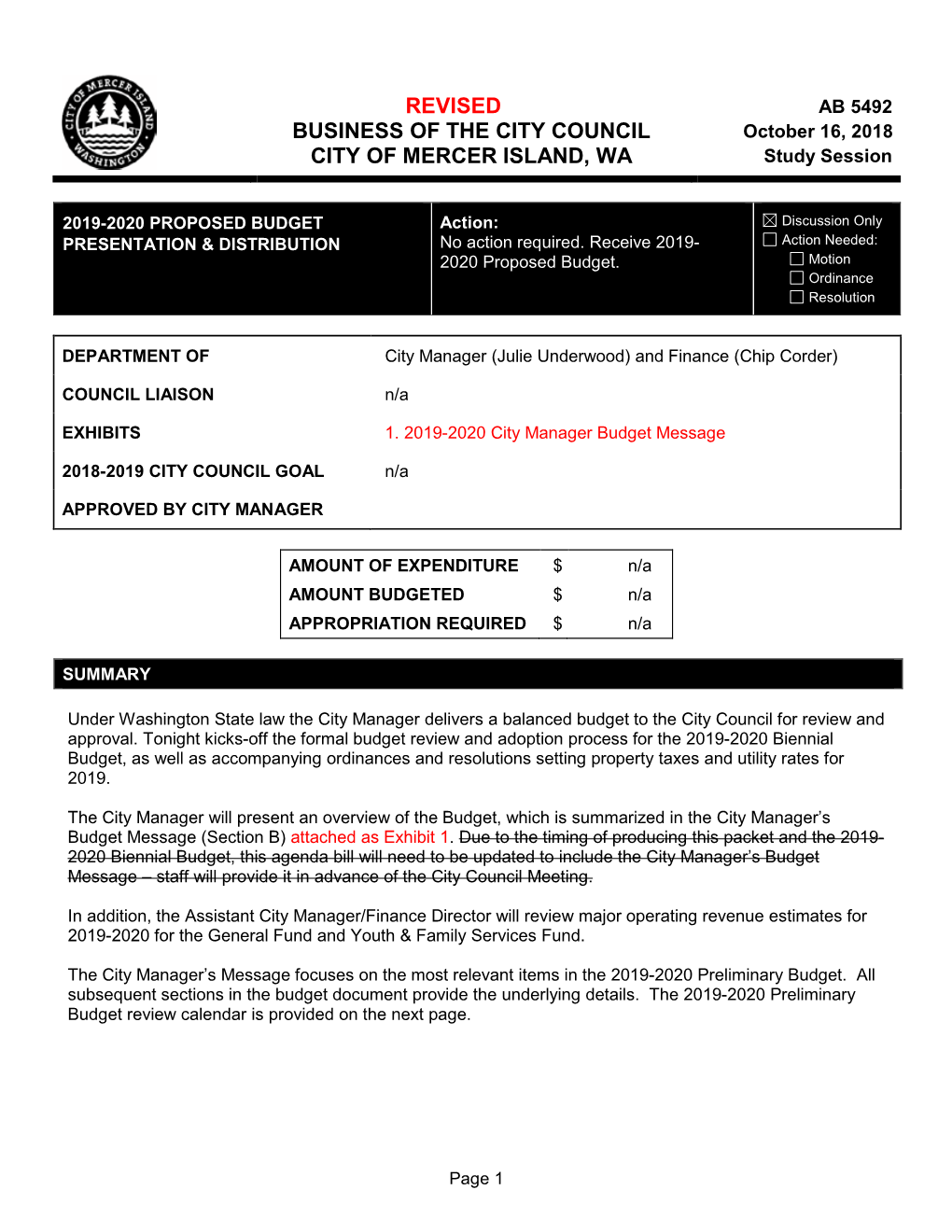 Proposed Budget Presentation by City Manager And