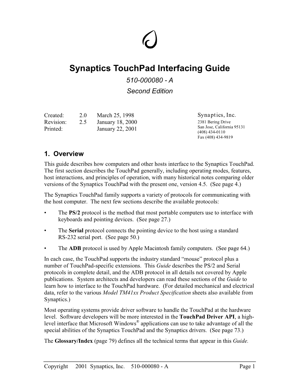 Synaptics Touchpad Interfacing Guide 510-000080 - a Second Edition