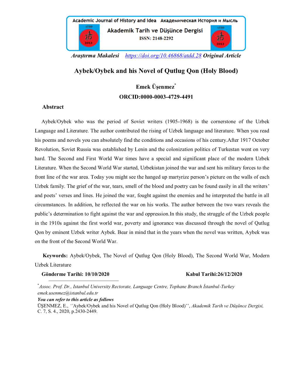 Aybek/Oybek and His Novel of Qutlug Qon (Holy Blood)