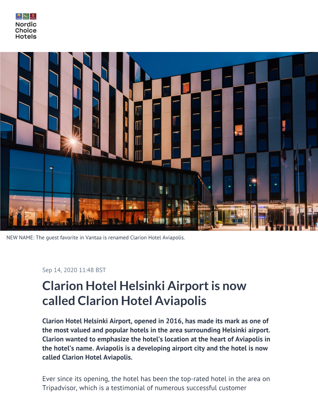 Clarion Hotel Helsinki Airport Is Now Called Clarion Hotel Aviapolis