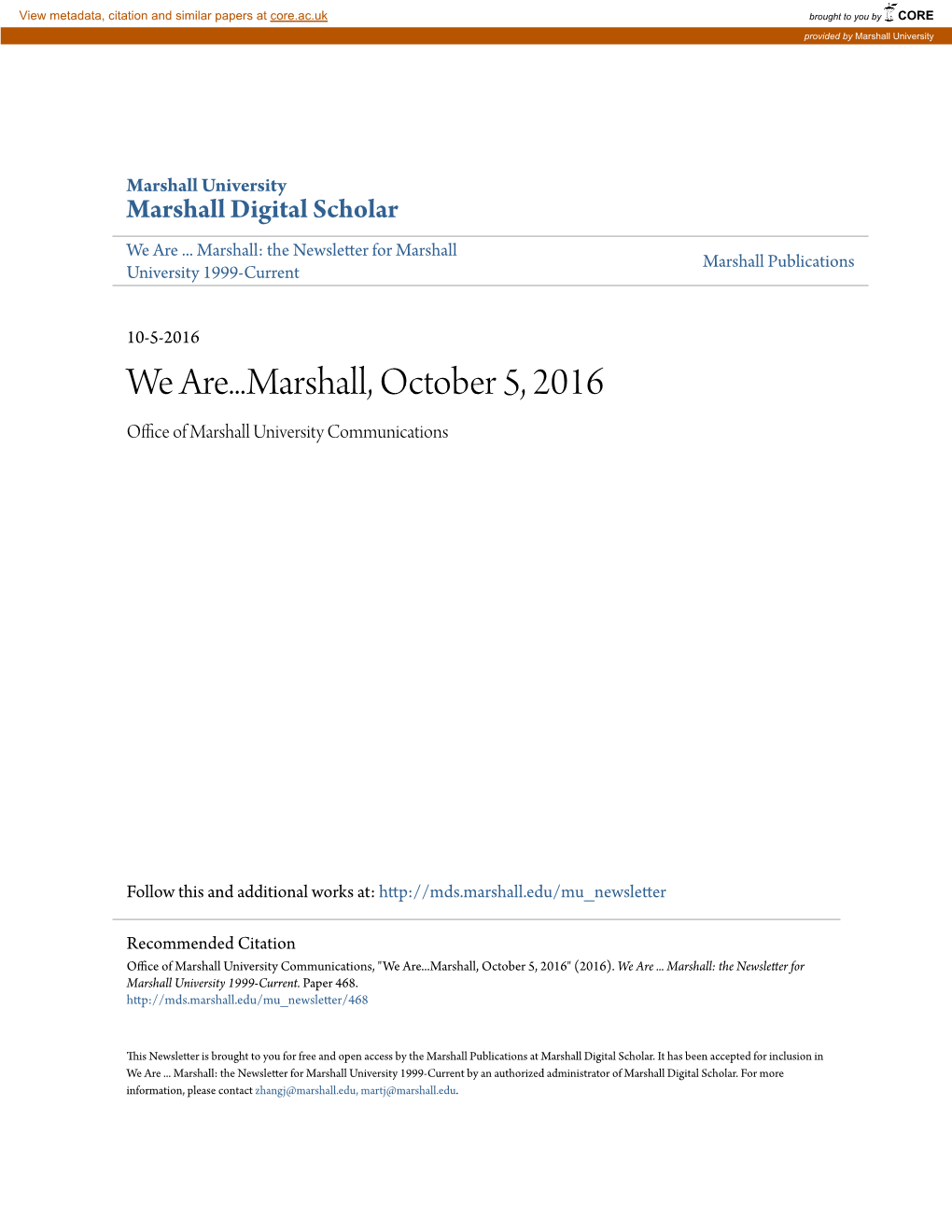 We Are...Marshall, October 5, 2016 Office Ofa M Rshall University Communications