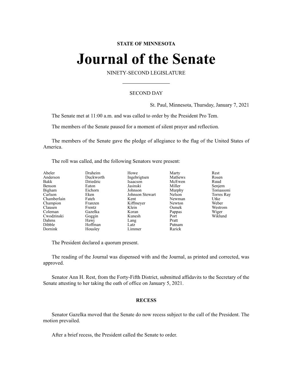 Journal of the Senate​ NINETY-SECOND LEGISLATURE​