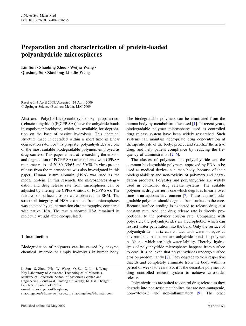 Preparation and Characterization of Protein-Loaded Polyanhydride Microspheres