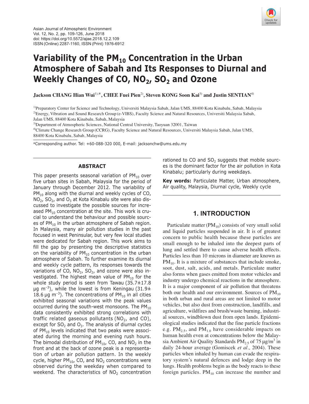 Variability of the PM10 Concentration in the Urban Atmosphere of Sabah and Its Responses to Diurnal and Weekly Changes of CO, NO2, SO2 and Ozone