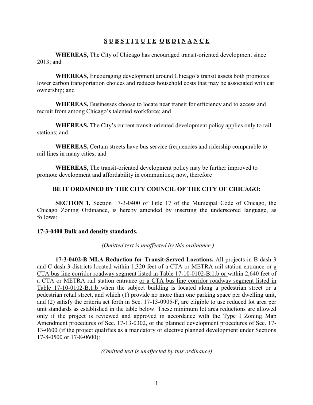 1 SUBSTITUTEORDINANCE WHEREAS, the City of Chicago Has Encouraged Transit-Oriented Development Since 2013