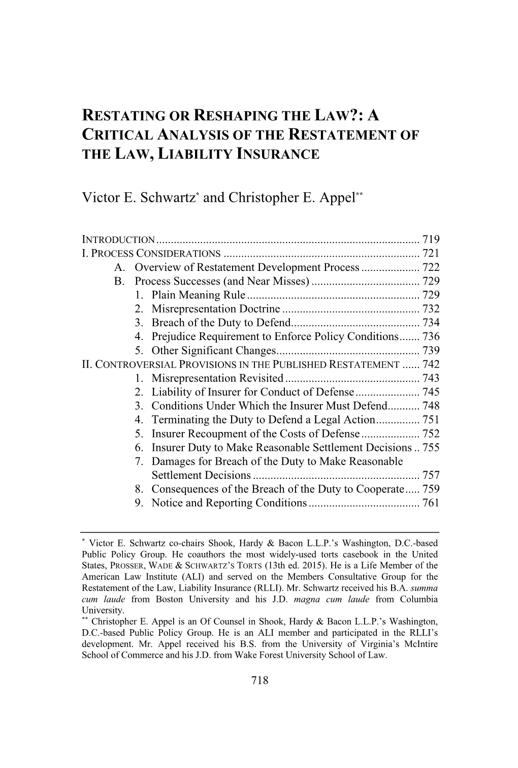 A Critical Analysis of the Restatement of the Law, Liability Insurance