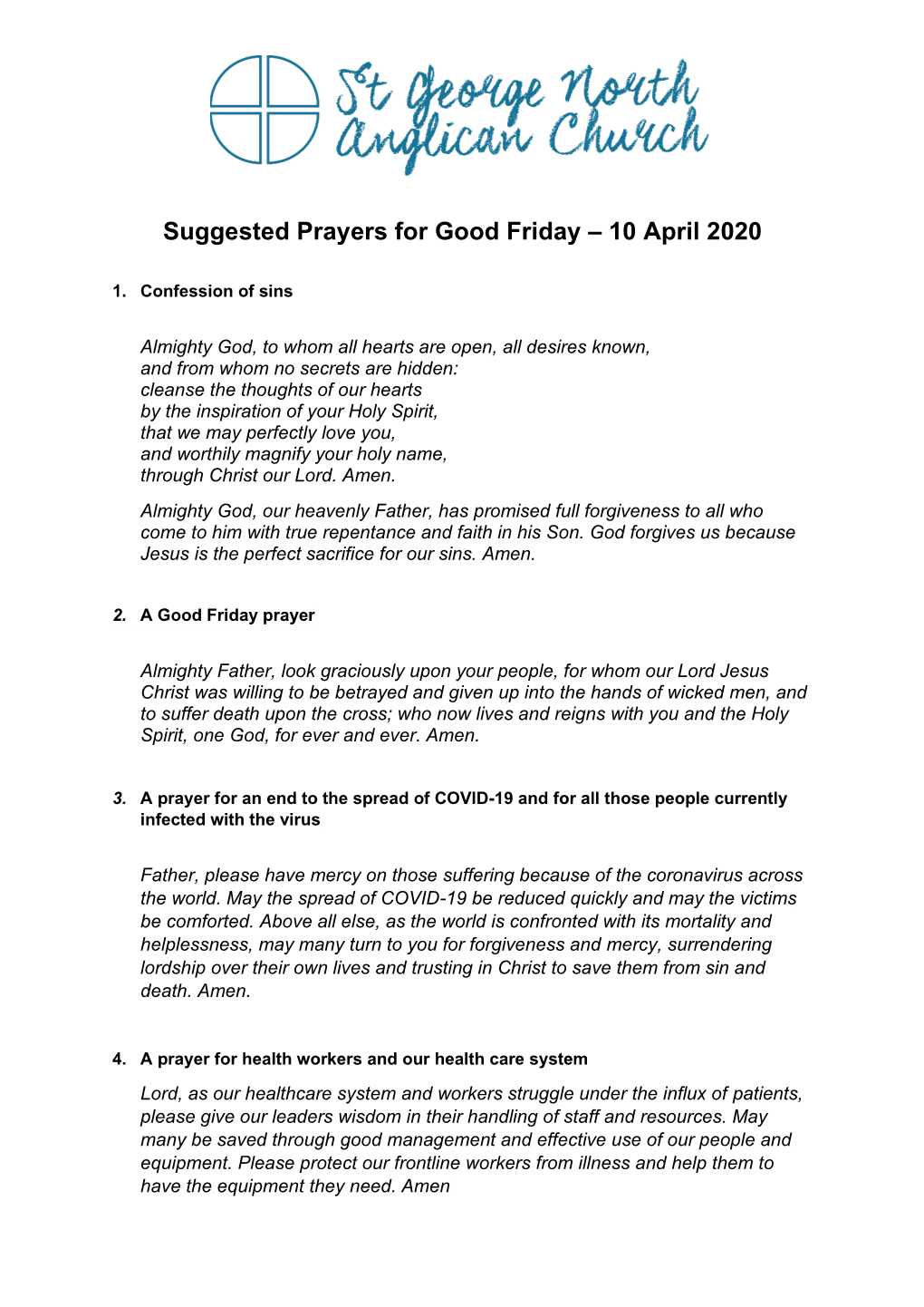Suggested Prayers for Good Friday – 10 April 2020