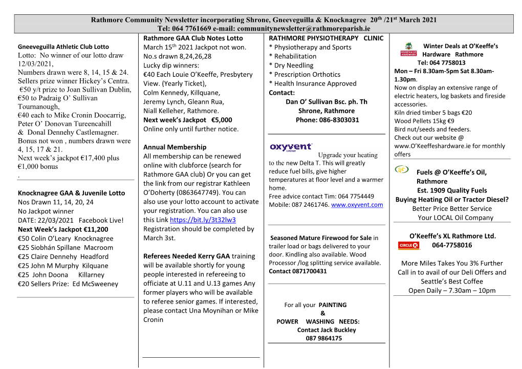 Rathmore Community Newsletter Incorporating Shrone, Gneeveguilla & Knocknagree 20Th /21St March 2021