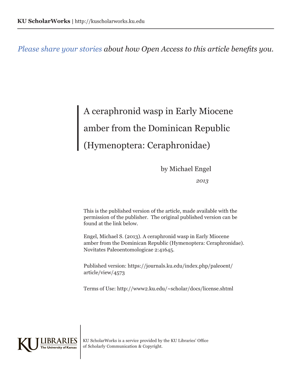 A Ceraphronid Wasp in Early Miocene Amber from the Dominican Republic (Hymenoptera: Ceraphronidae)