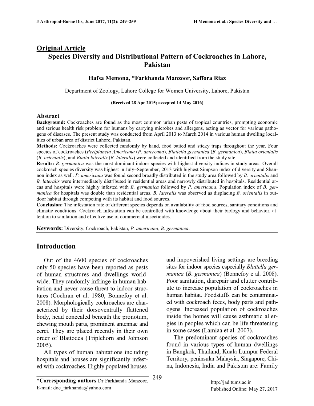 Original Article Species Diversity and Distributional Pattern of Cockroaches in Lahore, Pakistan Introduction