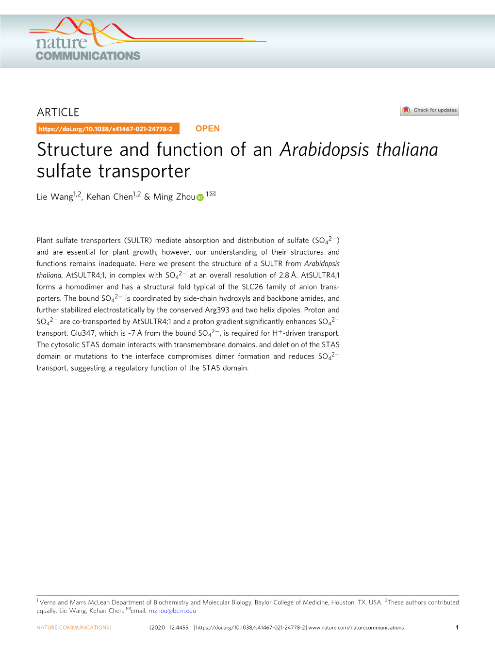 Structure and Function of an Arabidopsis Thaliana Sulfate Transporter ✉ Lie Wang1,2, Kehan Chen1,2 & Ming Zhou 1