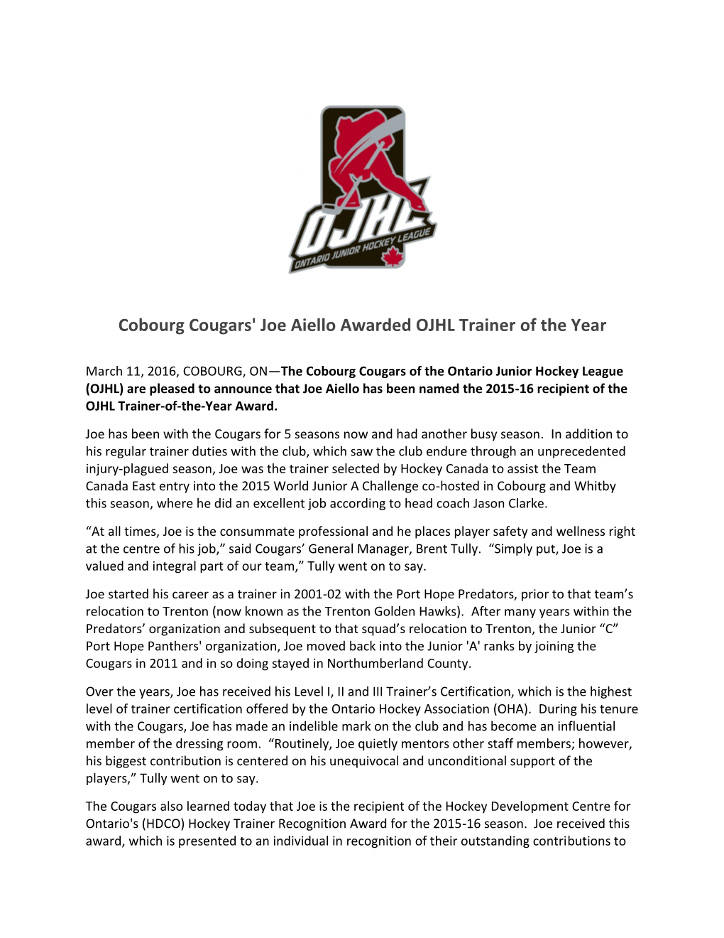 Cobourg Cougars' Joe Aiello Awarded OJHL Trainer of the Year