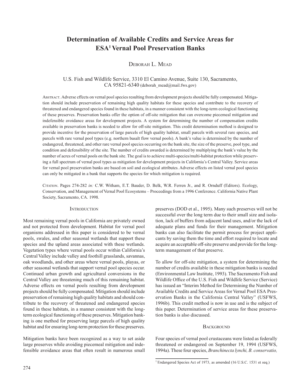 Determination of Available Credits and Service Areas for ESA1 Vernal Pool Preservation Banks