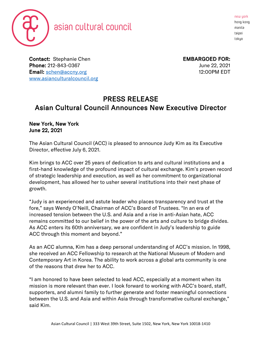 PRESS RELEASE Asian Cultural Council Announces New Executive Director