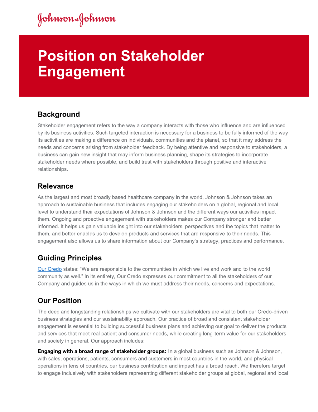 Position on Stakeholder Engagement