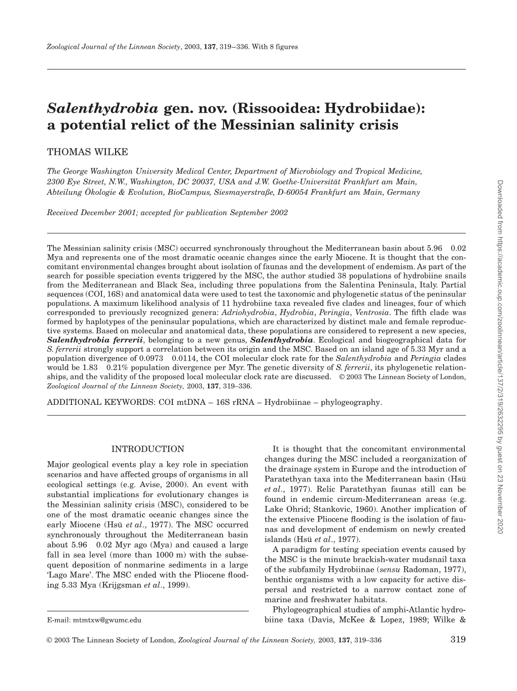 Salenthydrobia Gen. Nov. (Rissooidea: Hydrobiidae): a Potential Relict of the Messinian Salinity Crisis