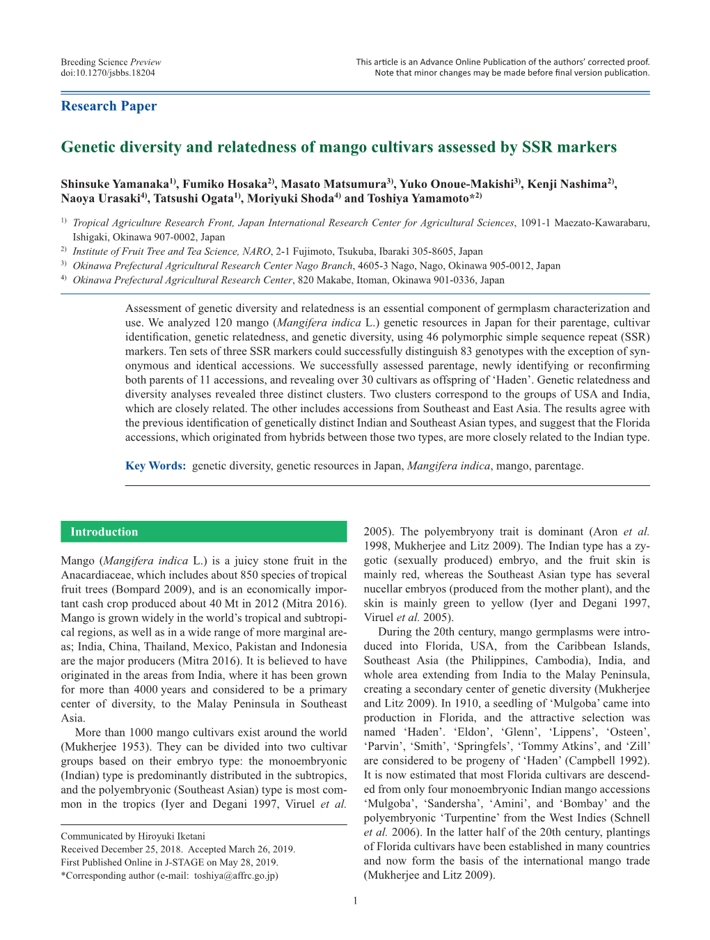 Genetic Diversity and Relatedness of Mango Cultivars Assessed by SSR Markers