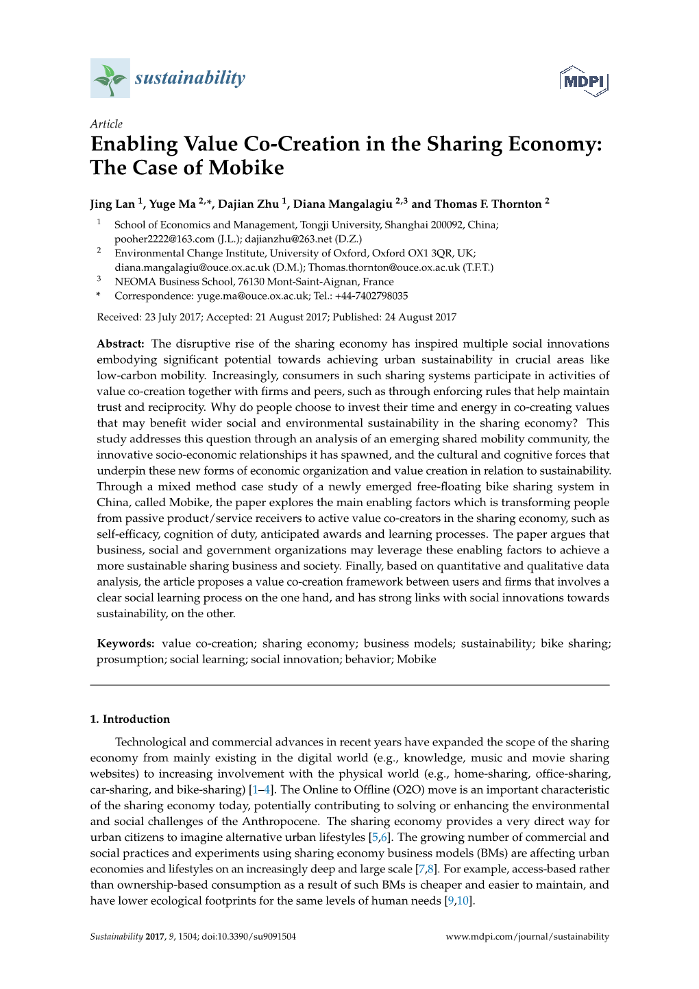 Enabling Value Co-Creation in the Sharing Economy: the Case of Mobike