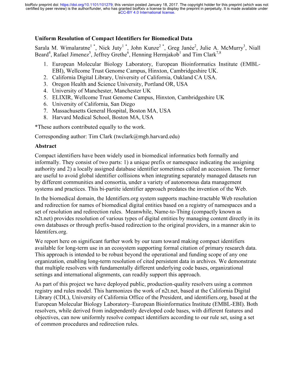 Uniform Resolution of Compact Identifiers for Biomedical Data Sarala M