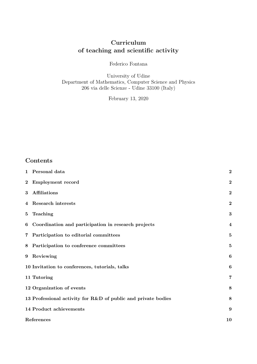 Curriculum of Teaching and Scientific Activity Contents