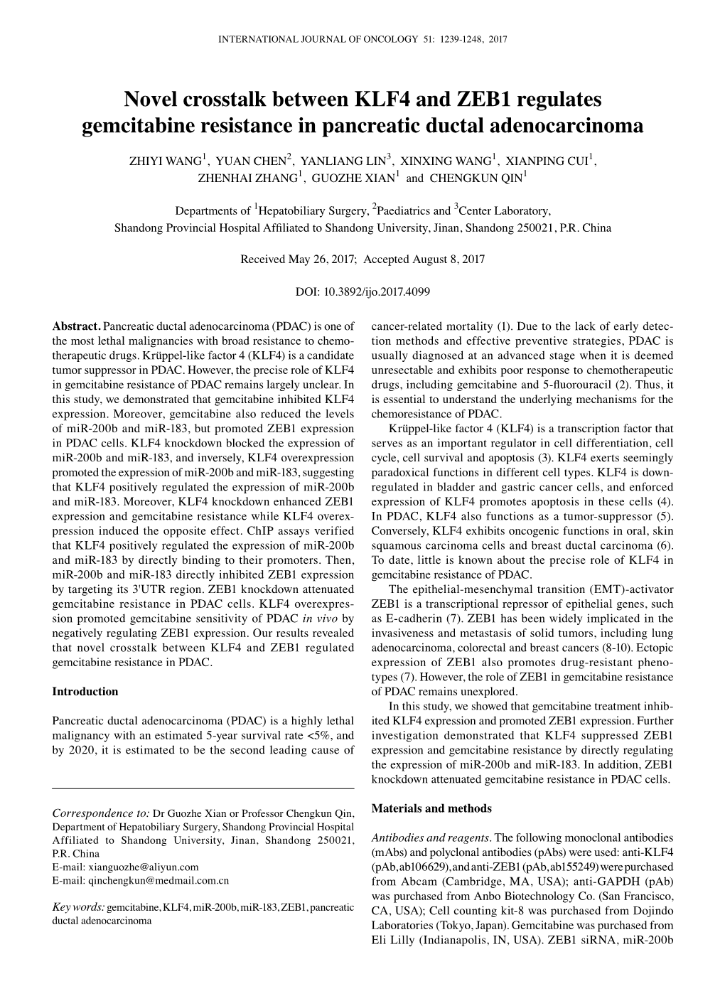 Novel Crosstalk Between KLF4 and ZEB1 Regulates Gemcitabine Resistance in Pancreatic Ductal Adenocarcinoma