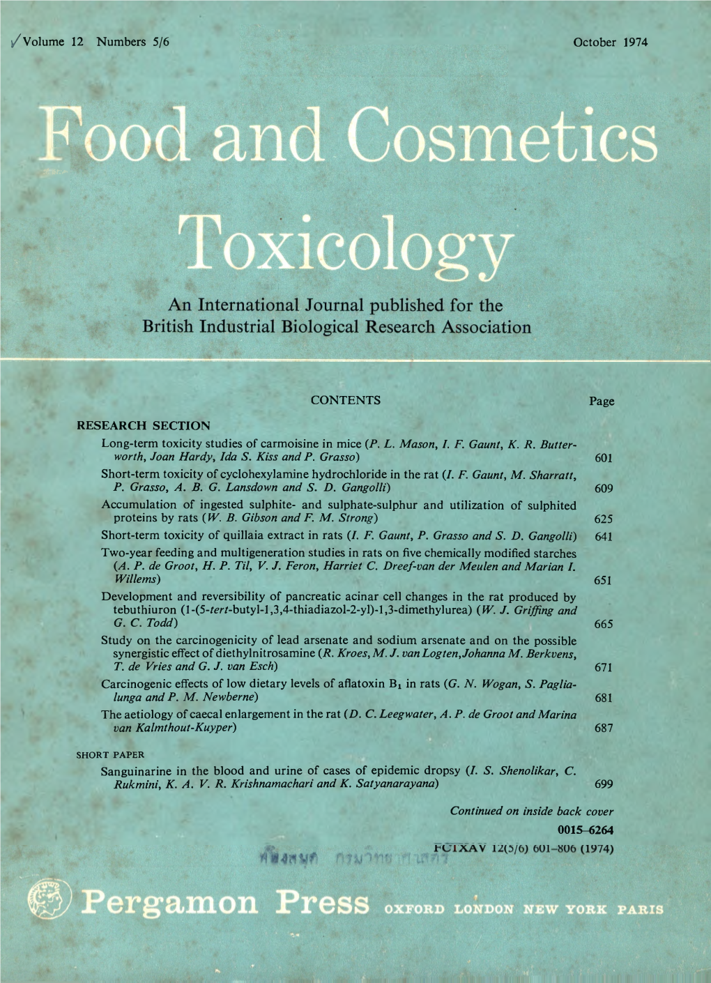Food and Cosmetics Toxicology 1974 Vol.12 No.5-6