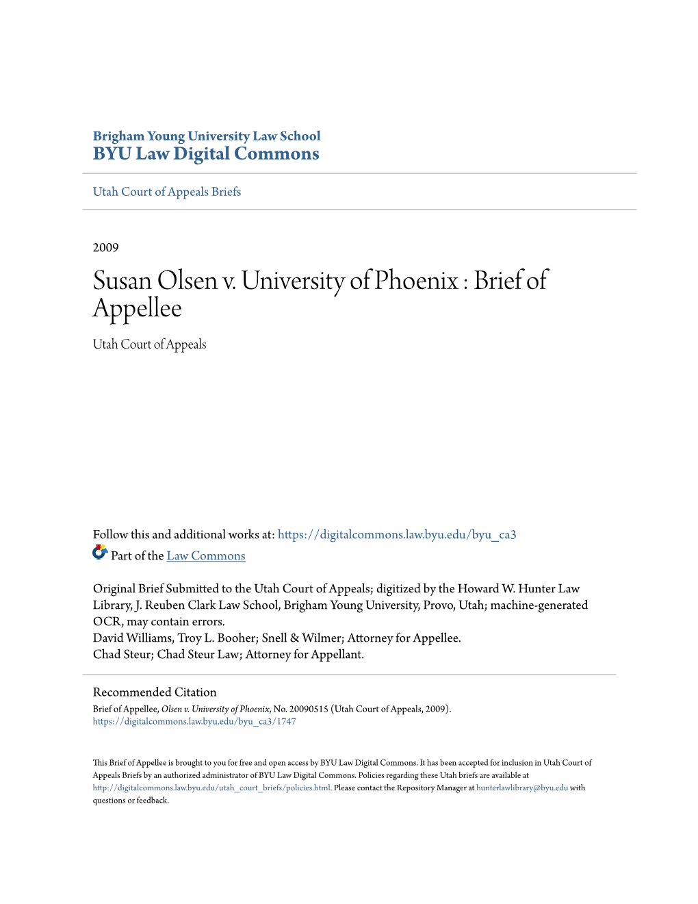 Susan Olsen V. University of Phoenix : Brief of Appellee Utah Court of Appeals