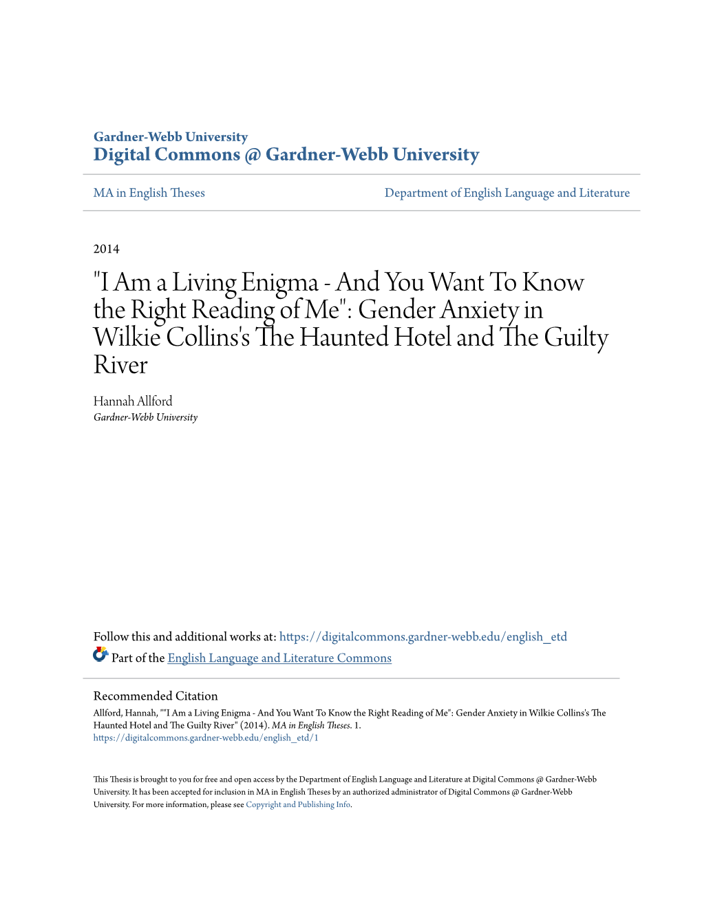 Gender Anxiety in Wilkie Collins's the Haunted Hotel and the Uig Lty River" (2014)