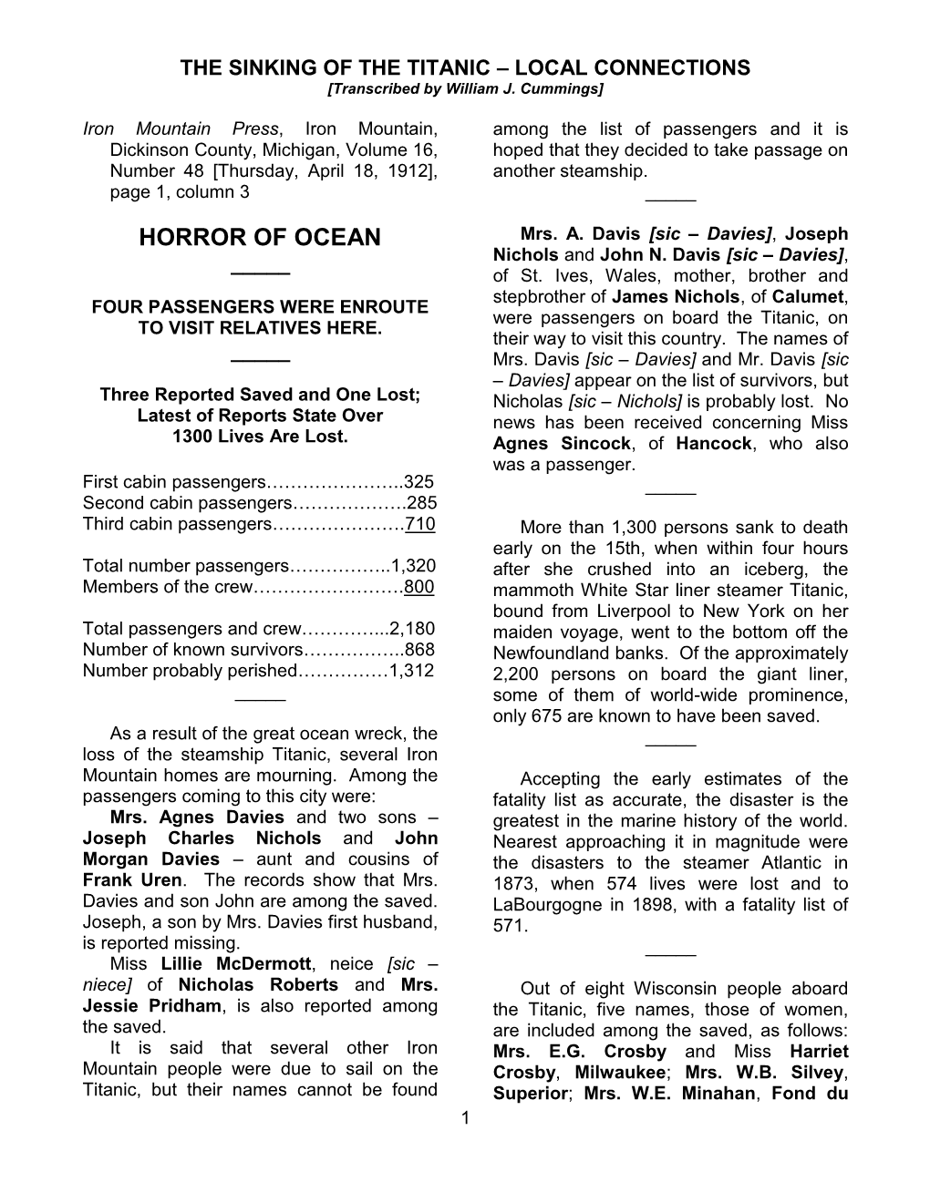 VICTIMS of the TITANIC. They Showed the Strain Which They Have _____ Been Under Since the Accident Which Sent the Leviathan of the Sea to the Bottom