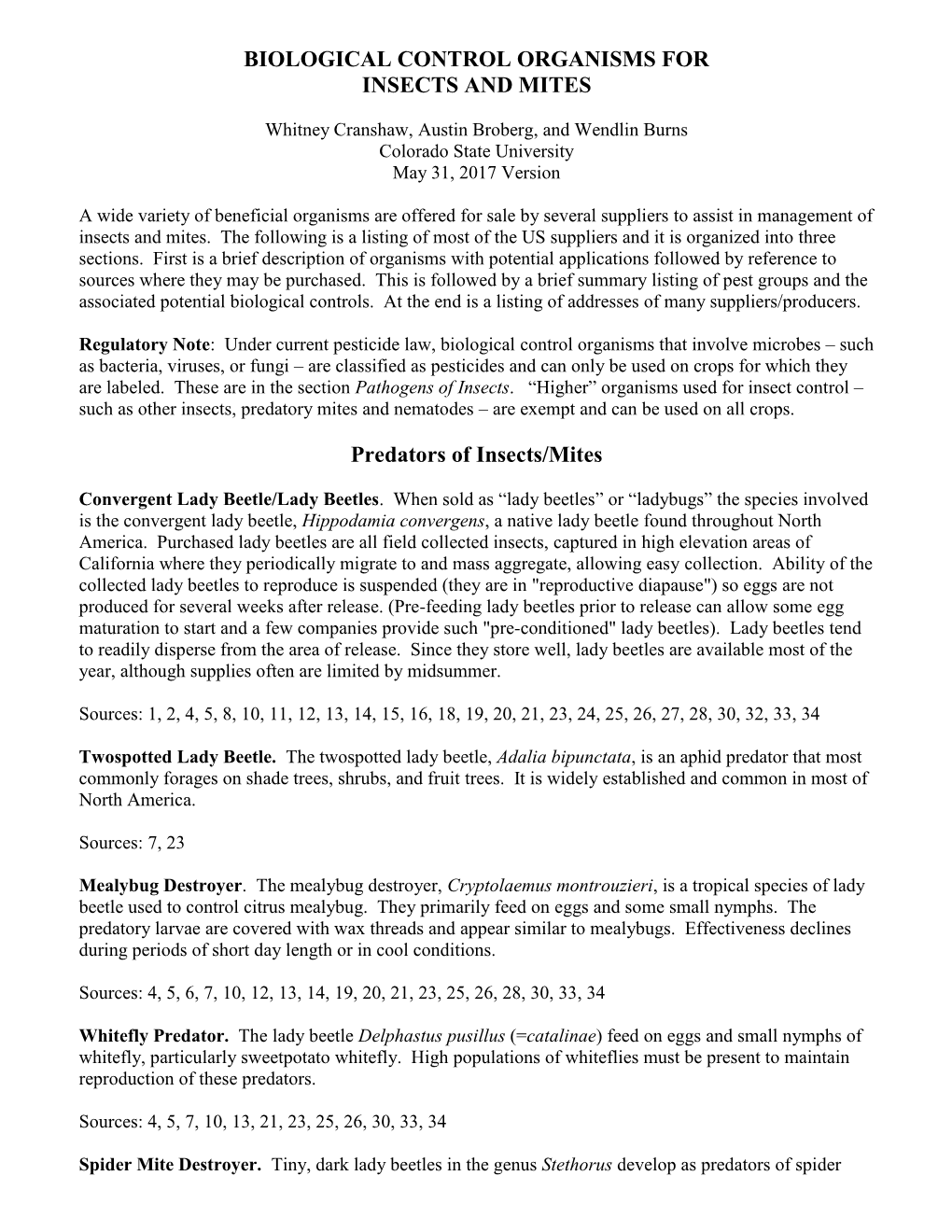 Biological Control Organisms for Insects and Mites