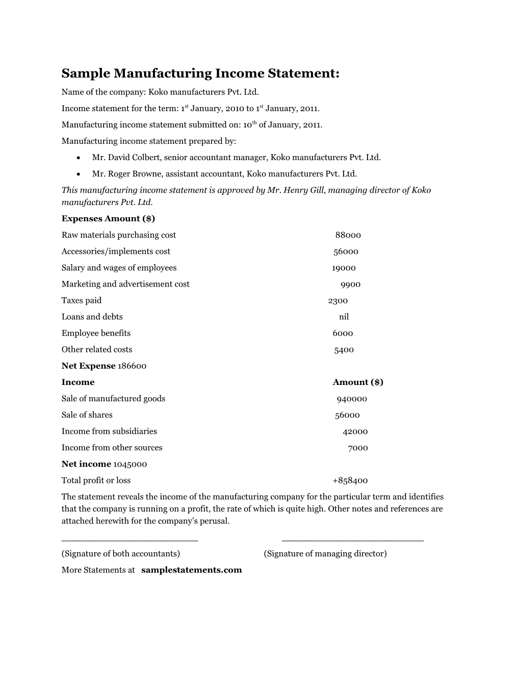 Sample Manufacturing Income Statement