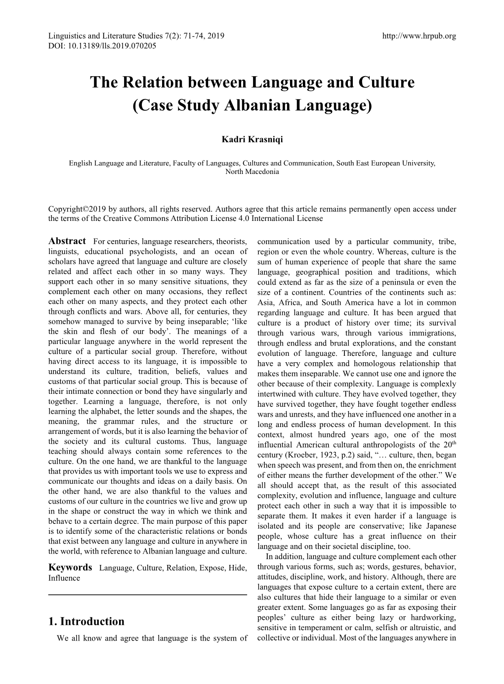 The Relation Between Language and Culture (Case Study Albanian Language)